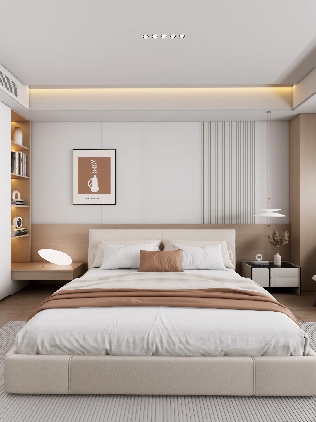I pannelli NECOWOOD WPC creano un'accogliente camera da letto moderna in stile legno
