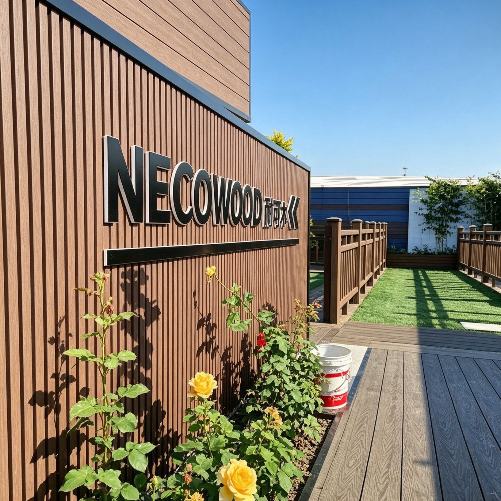 Close up of NECOWOOD branded WPC wall panel showing vertical grain and logo detail